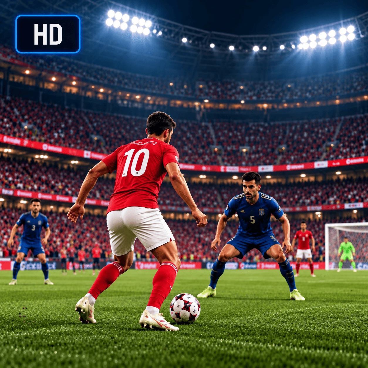 HD streaming quality: live football match shown in clear high definition under stadium lights
