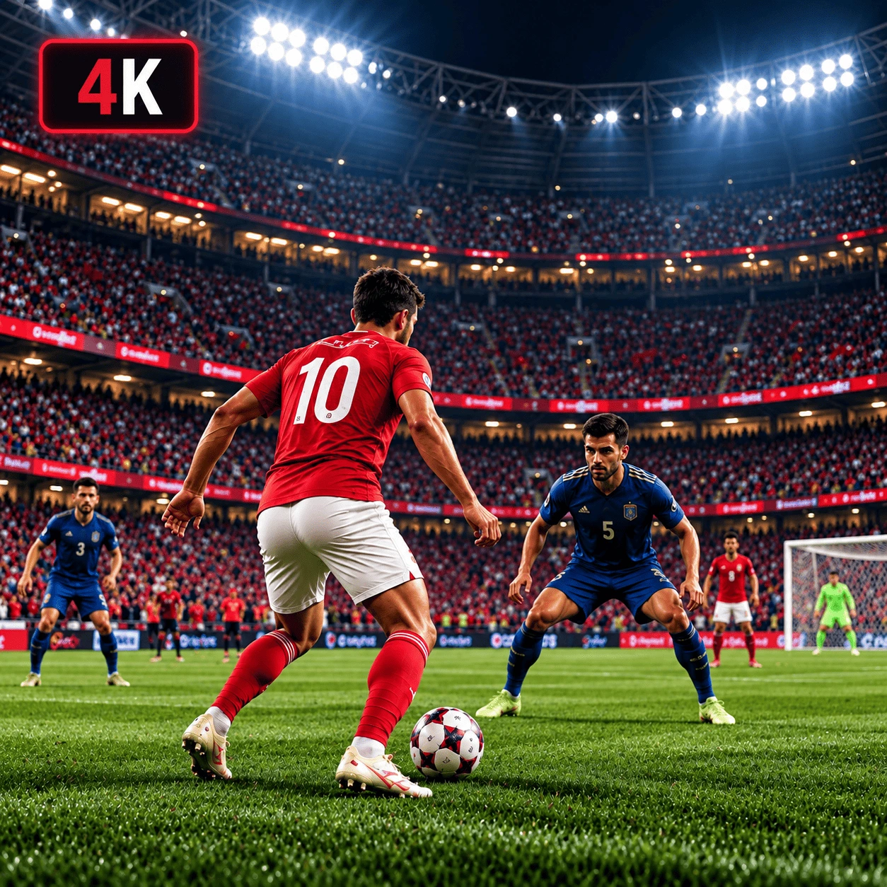 4K Ultra HD streaming quality: live football match shown in sharp detail under stadium lights