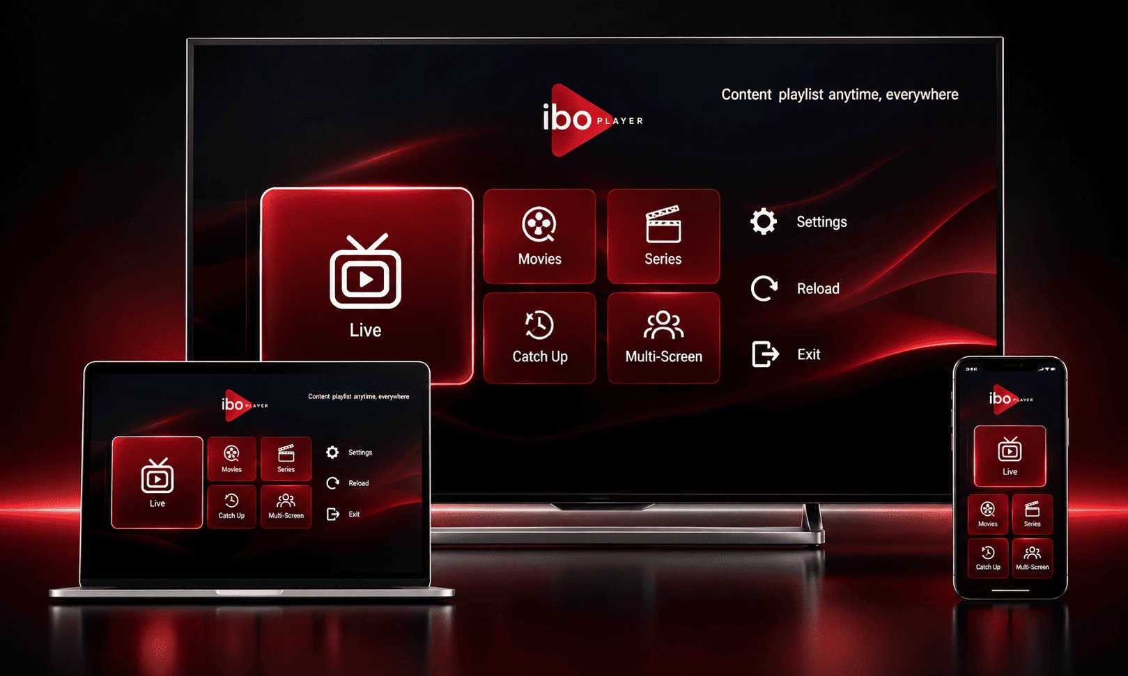 IPTV player interface on TV, tablet and phone with Velora4K