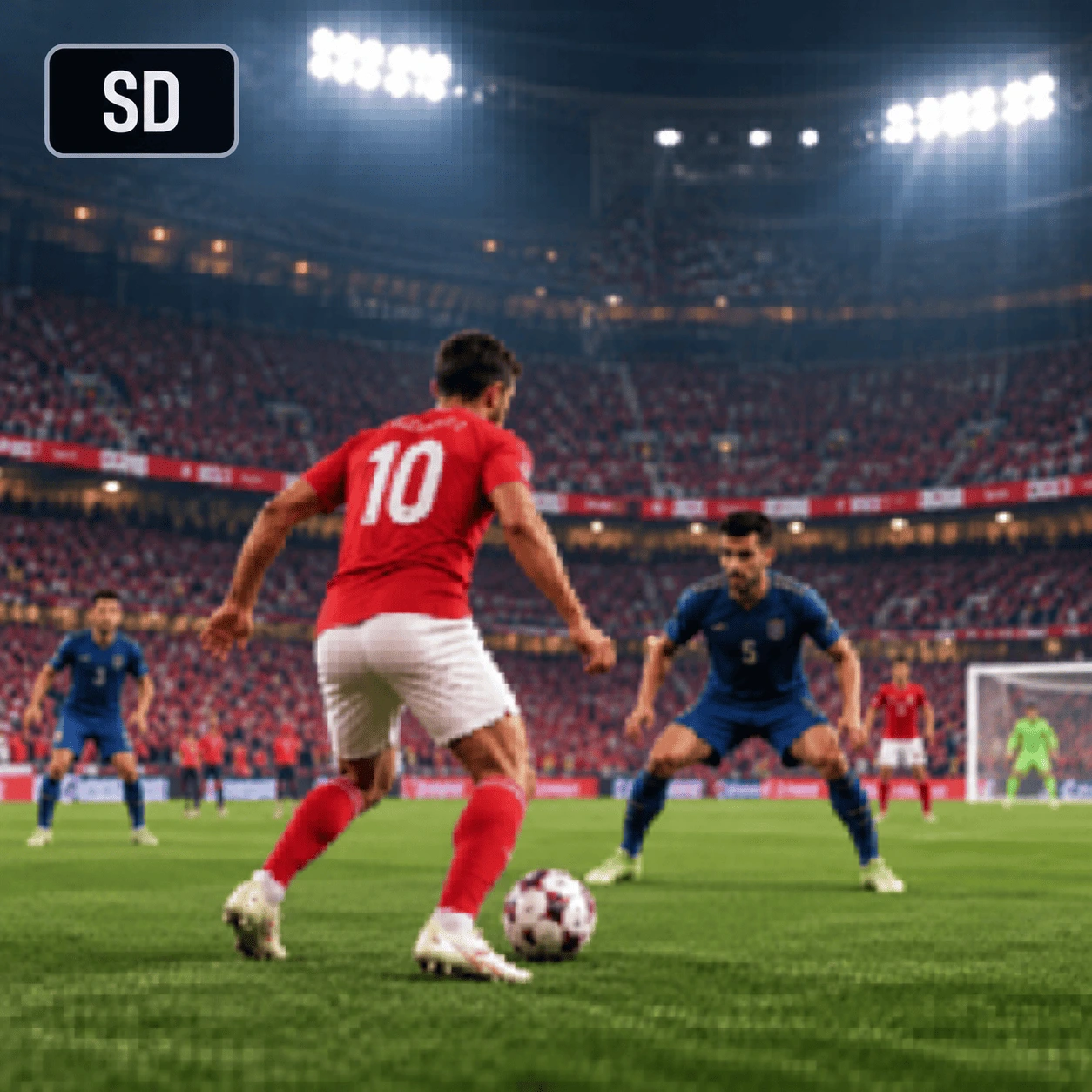 SD streaming quality: live football match shown in lower resolution with visible pixelation