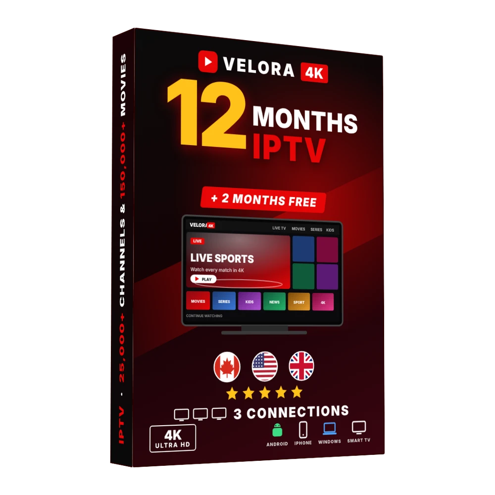 12 month IPTV subscription with 3 connections box, Velora4K 4K streaming on 3 connections
