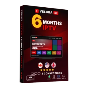 6 month IPTV subscription box with 3 connections, Velora4K 4K streaming